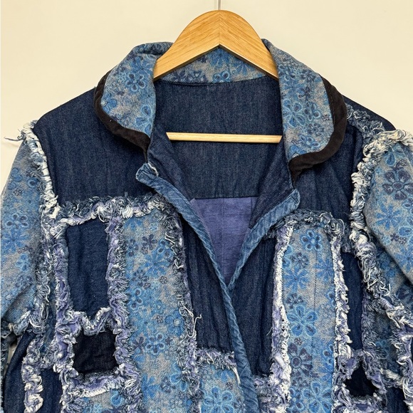 Patchwork Denim Jacket Indigo Floral Quilted Artwear - Picture 3 of 9